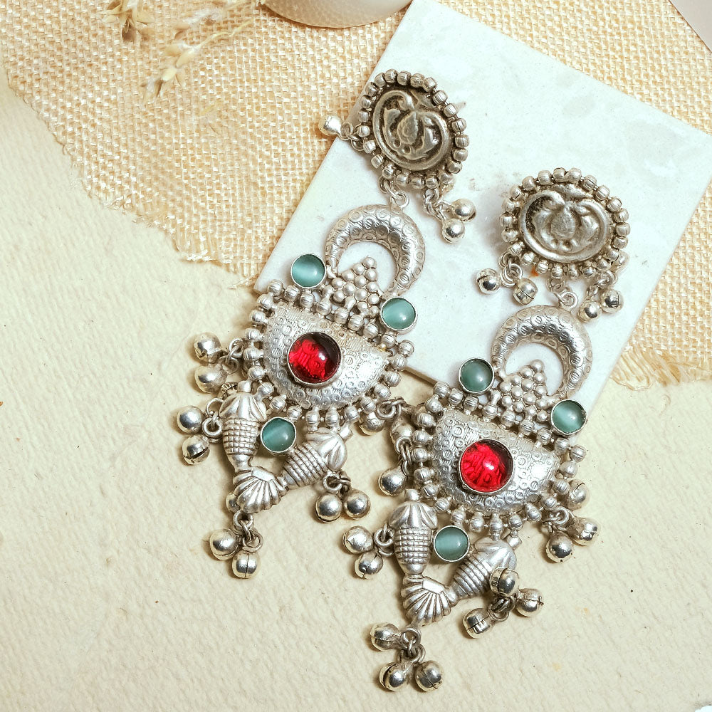 Oxidized Silver Multi Stone Earrings