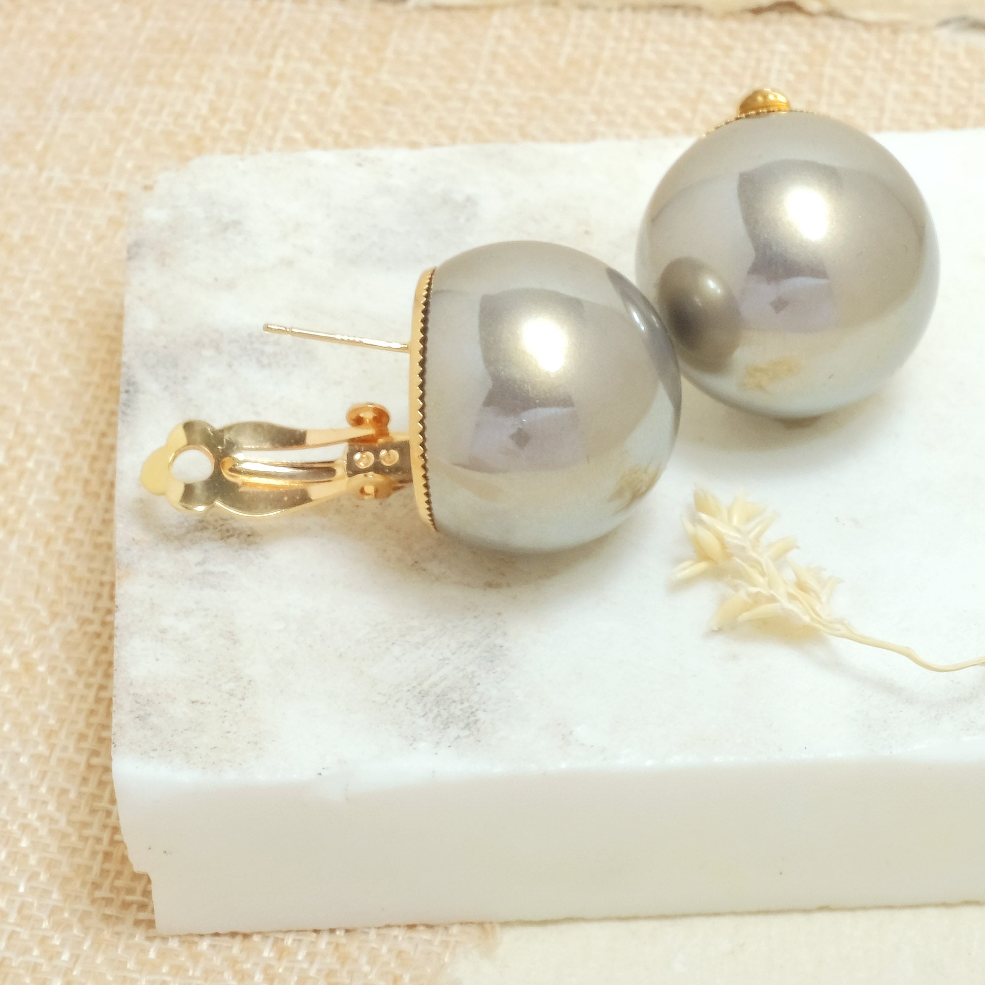 Grey Statement Pearl Ball Earrings - Upakarna Jewelry
