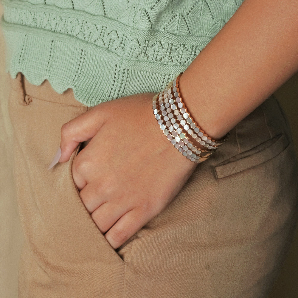 Elegant patterned bangle with mother of pearl detailing and an anti-tarnish finish, crafted for everyday wear, effortless stacking, and timeless sophisticated styling.
