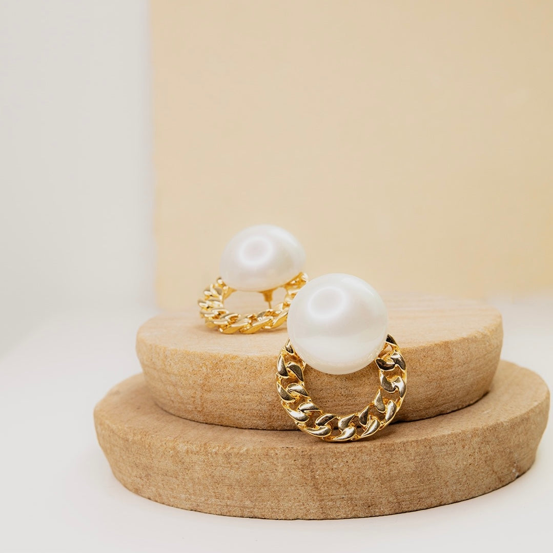 Pearl Ball Link Chain Earrings