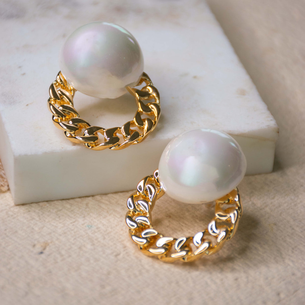 Pearl Ball Link Chain Earrings