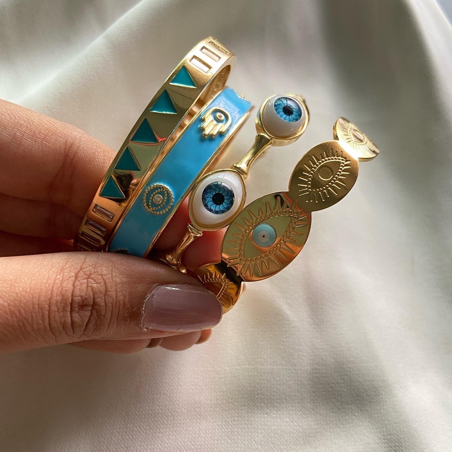 Pastel HaSky Blue Pastel Hamsa Evileye Cuffs - Upakarna Jewelry