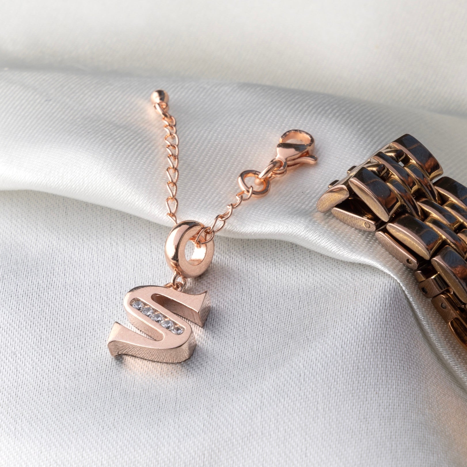 S Rosegold Initial Watch Charm - Upakarna Jewelry