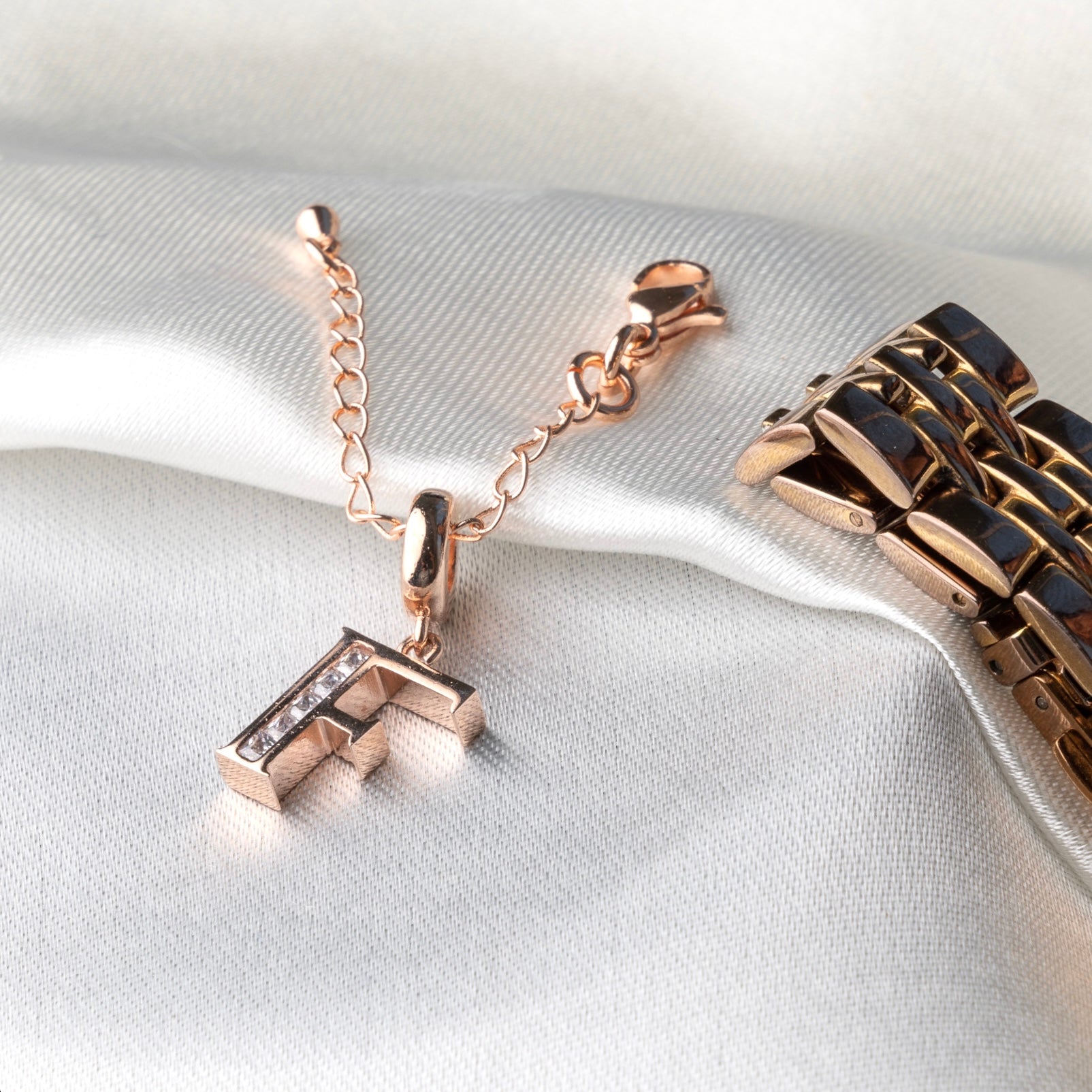F Rosegold Initial Watch Charm - Upakarna Jewelry