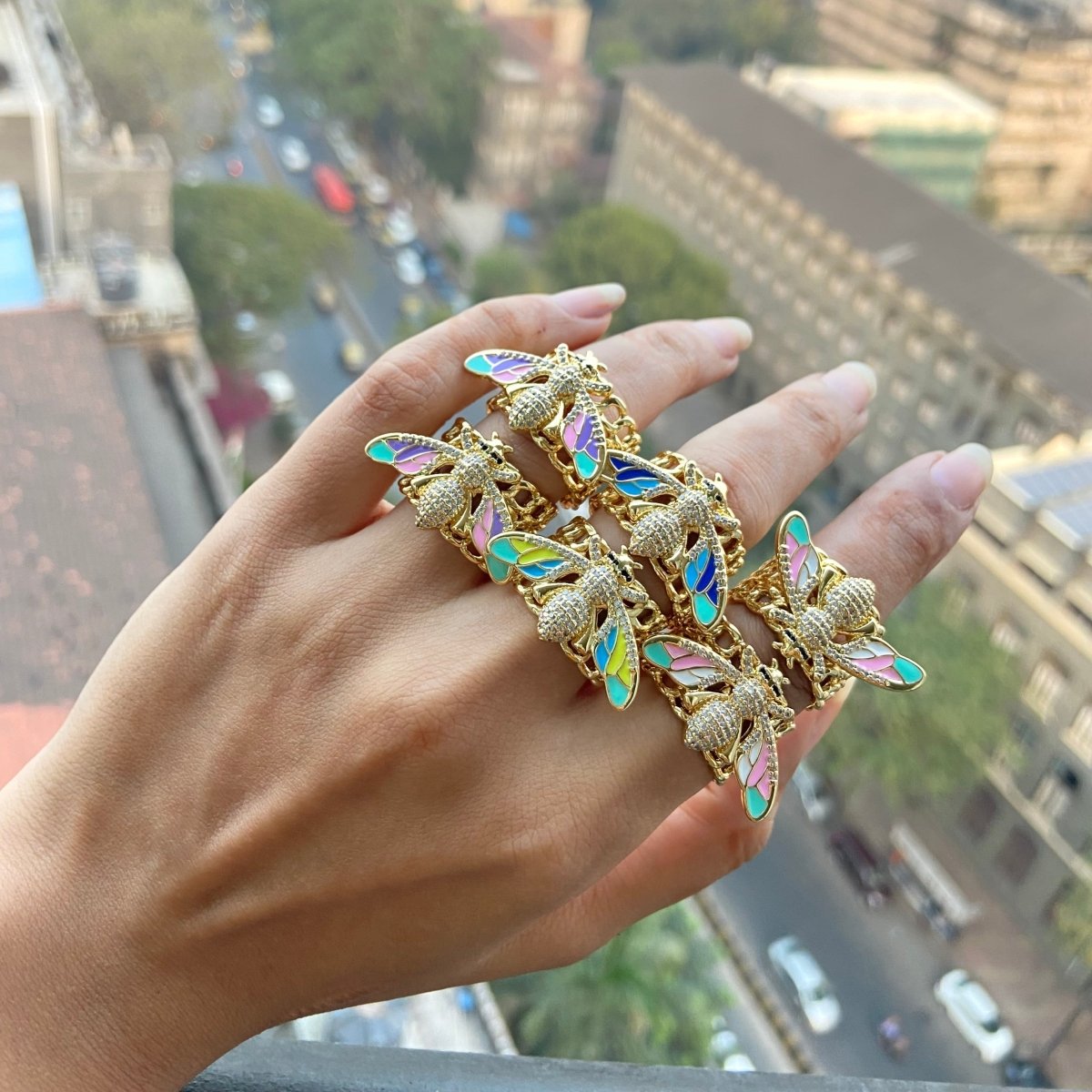 Bee band ring with vibrant enamel detailing and an anti-tarnish finish, available in multicolored shades, perfect for everyday wear, playful styling, and statement looks.