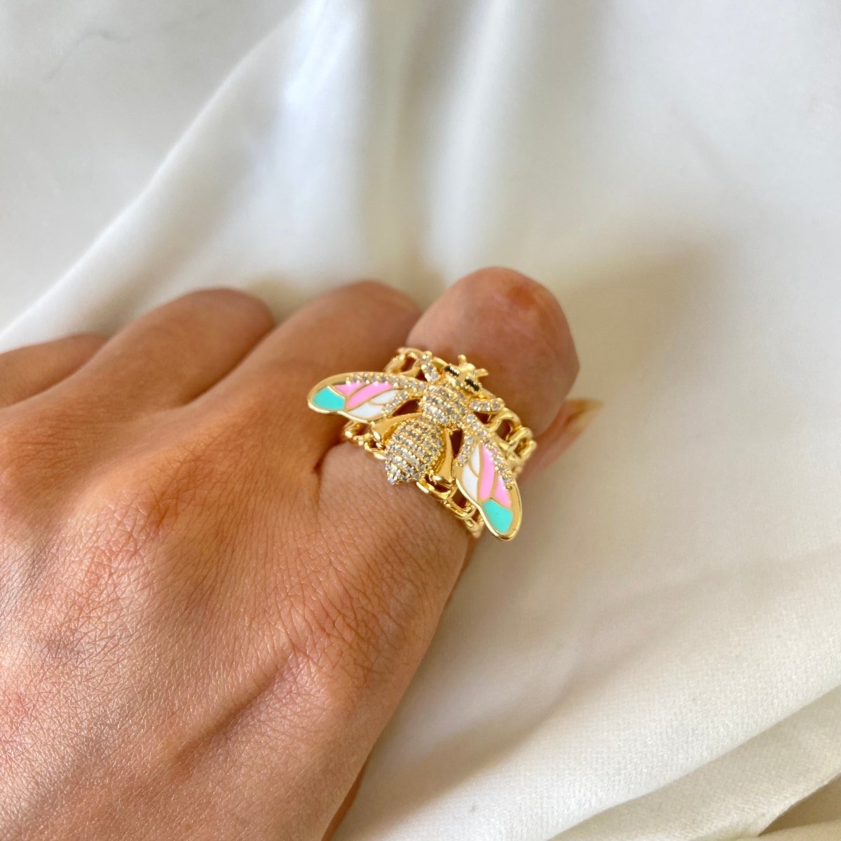 Bee band ring with vibrant enamel detailing and an anti-tarnish finish, available in multicolored shades, perfect for everyday wear, playful styling, and statement looks.