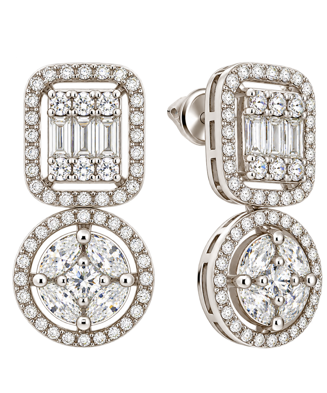 Rose gold floral stud earrings with blue and white crystal accents, anti-tarnish jewellery for women.