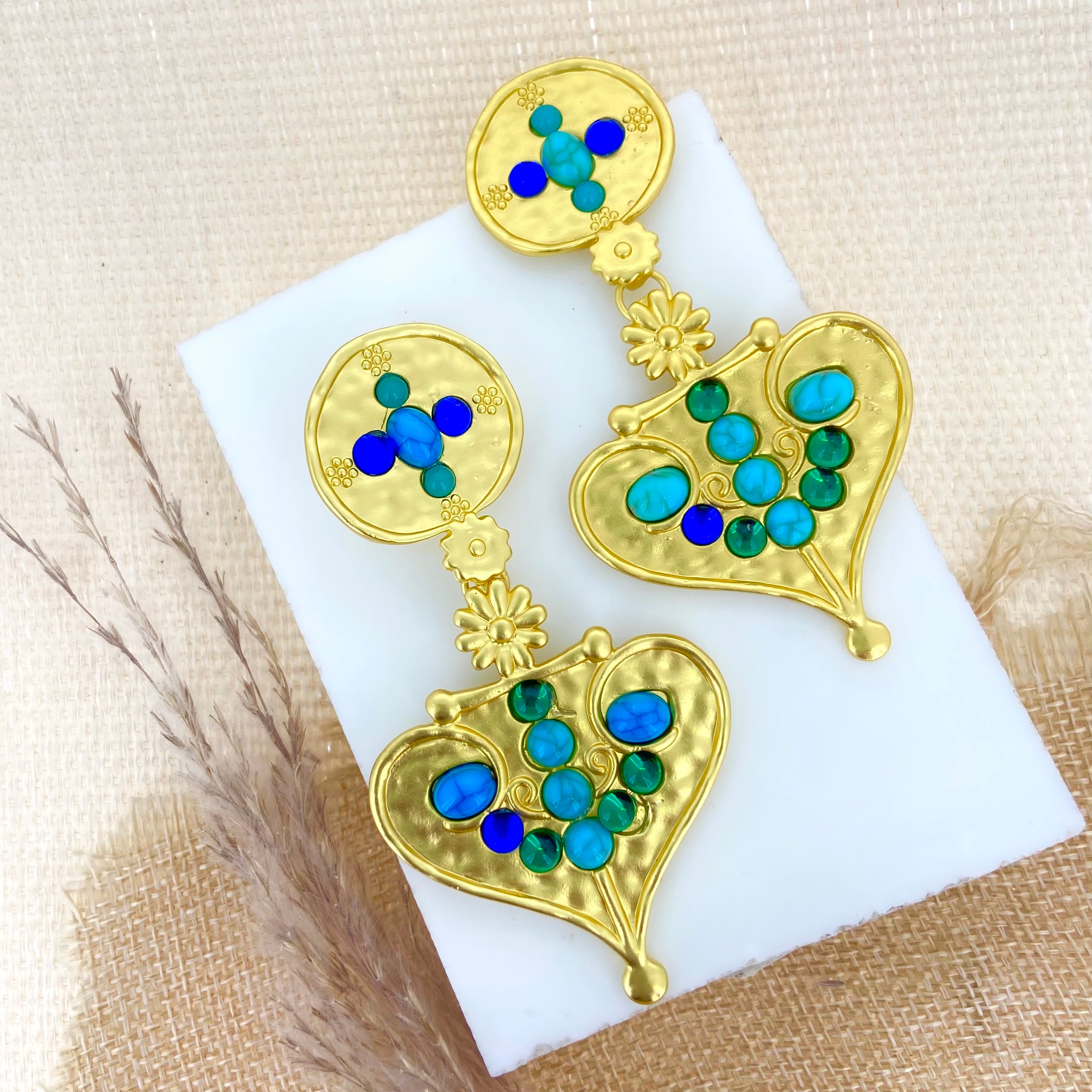 Blue Heart Gold Earrings