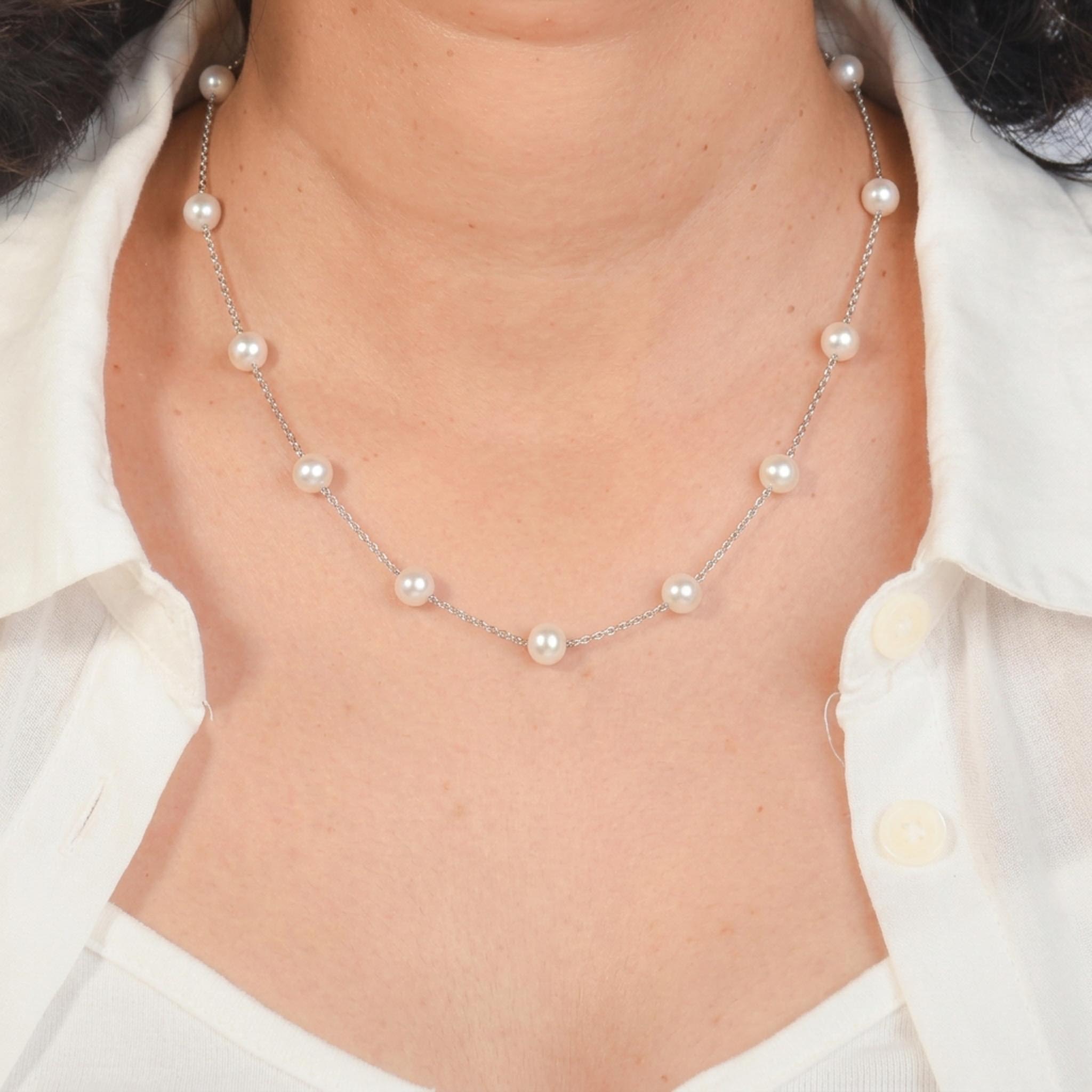 Pearl Cascade 925 sterling silver necklace featuring lustrous round pearls delicately spaced along a fine silver chain