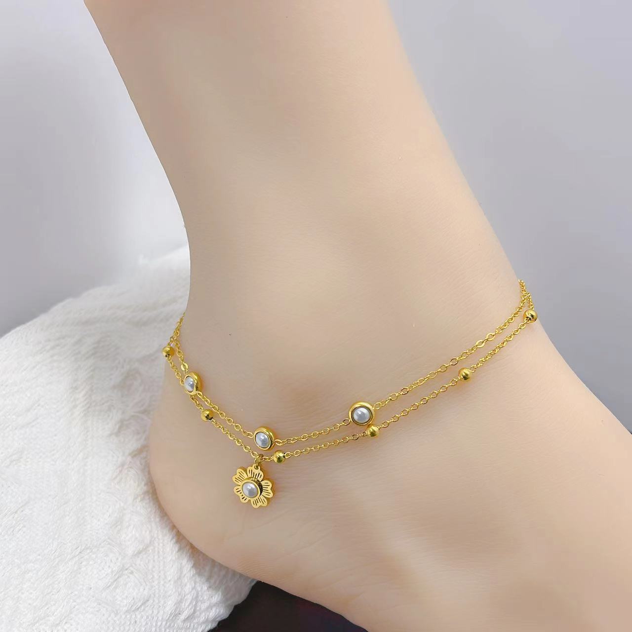 Flower Pearl Layered Anklet