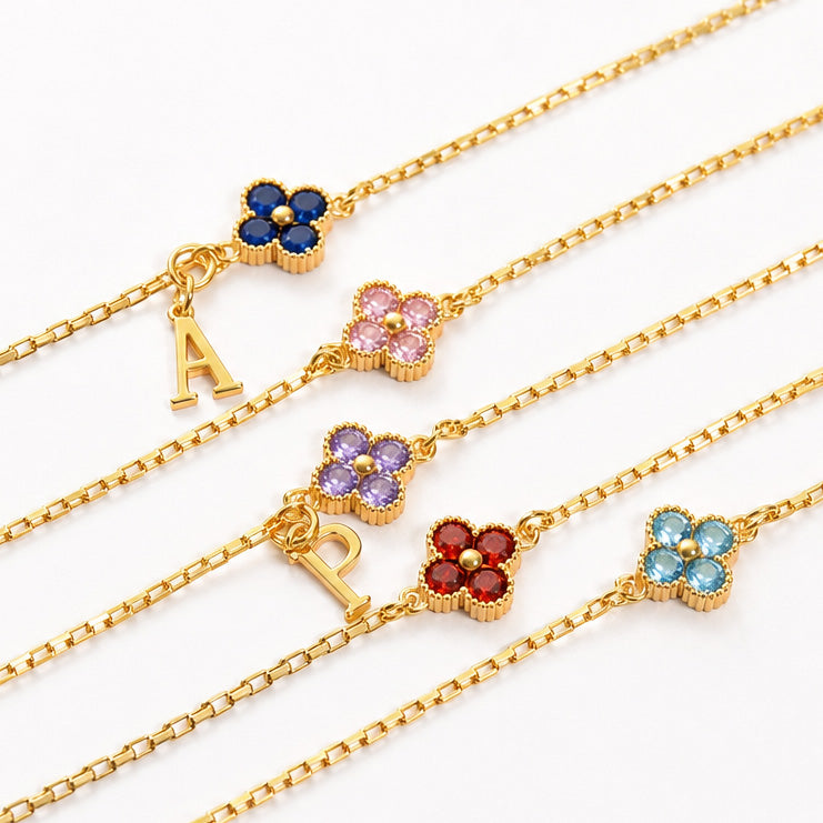 DIY Birthstone Clover Bracelet with Initial | Anti-tarnish | Hook & Lock Bracelet