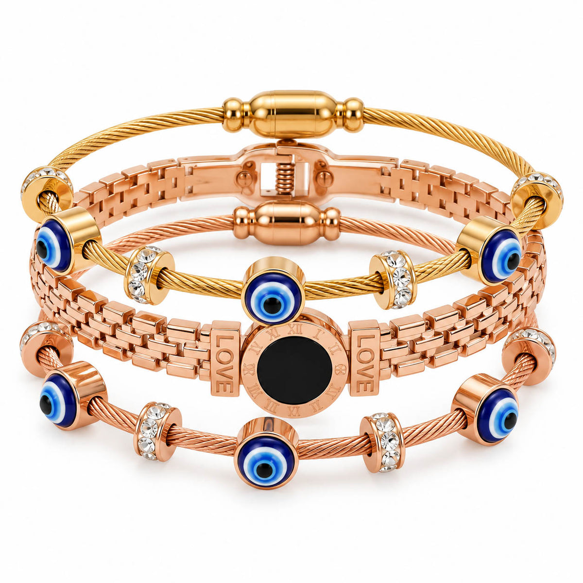 Three stacked anti-tarnish bracelets in gold and rose gold feature blue Evil Eye charms, crystal accent beads, a Roman numeral Love bracelet with a secure lock, and adjustable cable bracelets, creating a premium everyday statement stack.