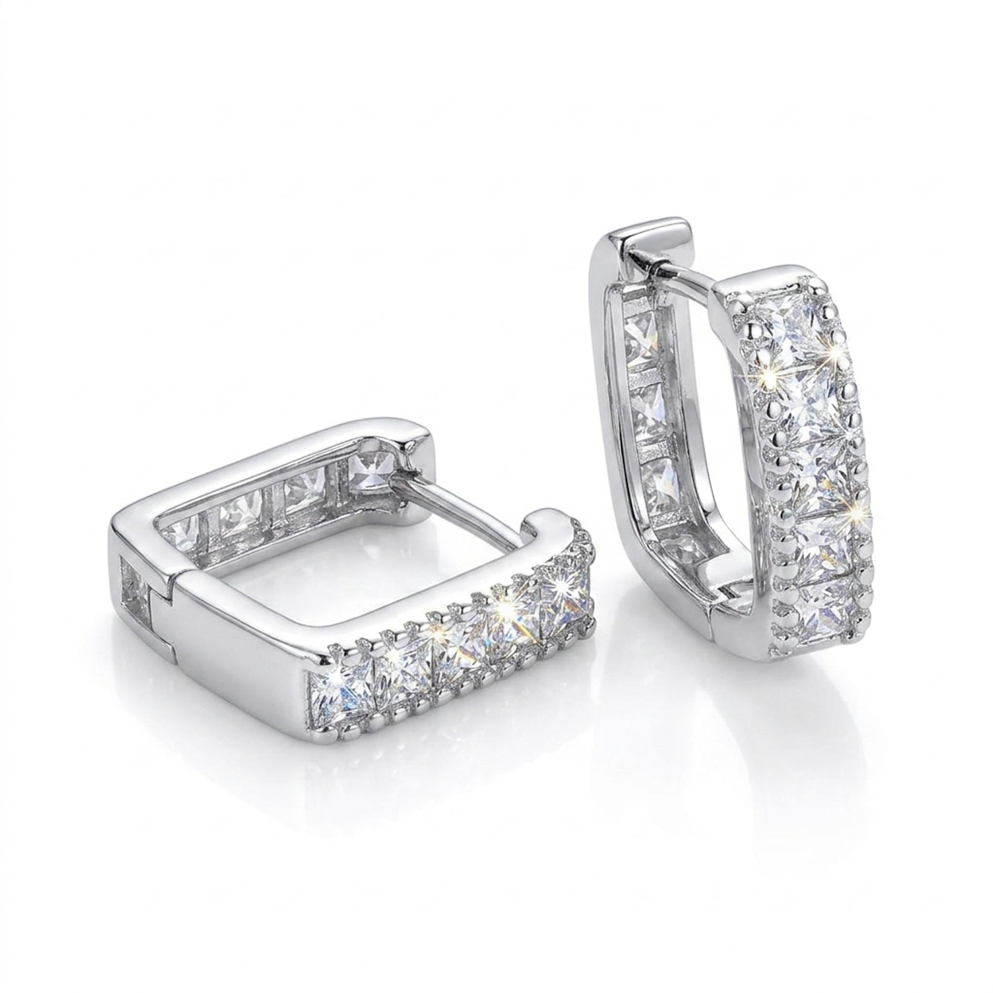 Aurora Frame 925 Sterling Silver hoop earrings featuring a modern square silhouette adorned with princess-cut cubic zirconia stones across the front and inner channel
