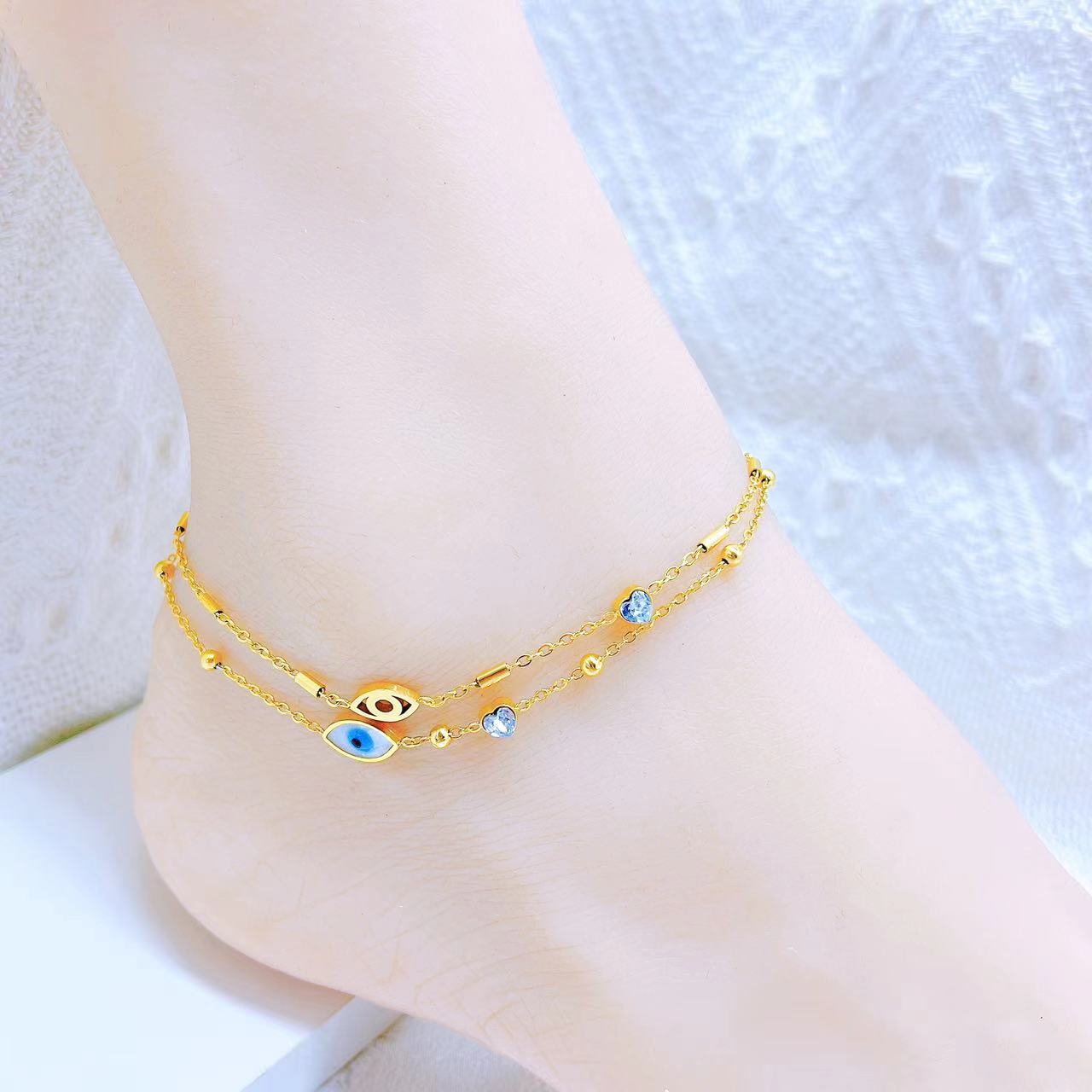 Heart Evil Eye Layered Anklet