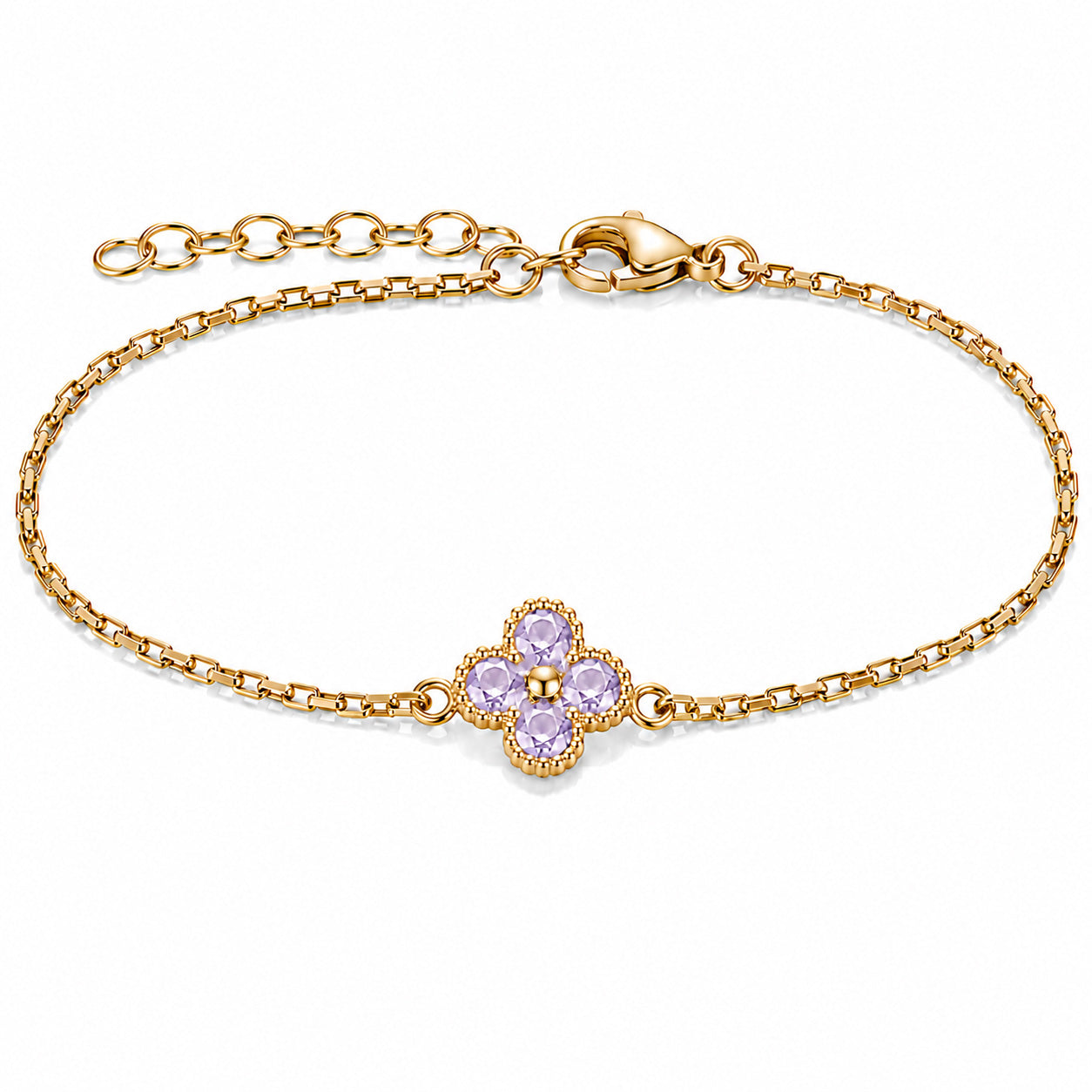 Gold-tone bracelet featuring a white four-petal flower charm with faceted stones, a delicate link chain, and an adjustable clasp on a white background.