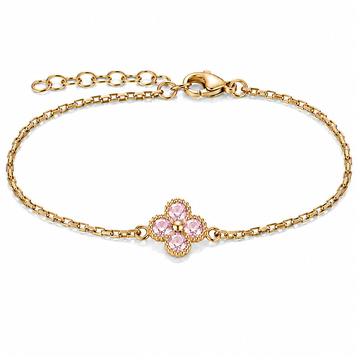 Gold-tone bracelet featuring a light pink four-petal flower charm with faceted stones, a delicate link chain, and an adjustable clasp on a white background.