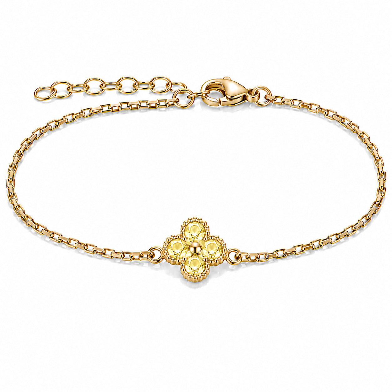 Gold-tone bracelet featuring a yellow crystal four-petal flower charm, a delicate link chain, and an adjustable clasp on a white background.