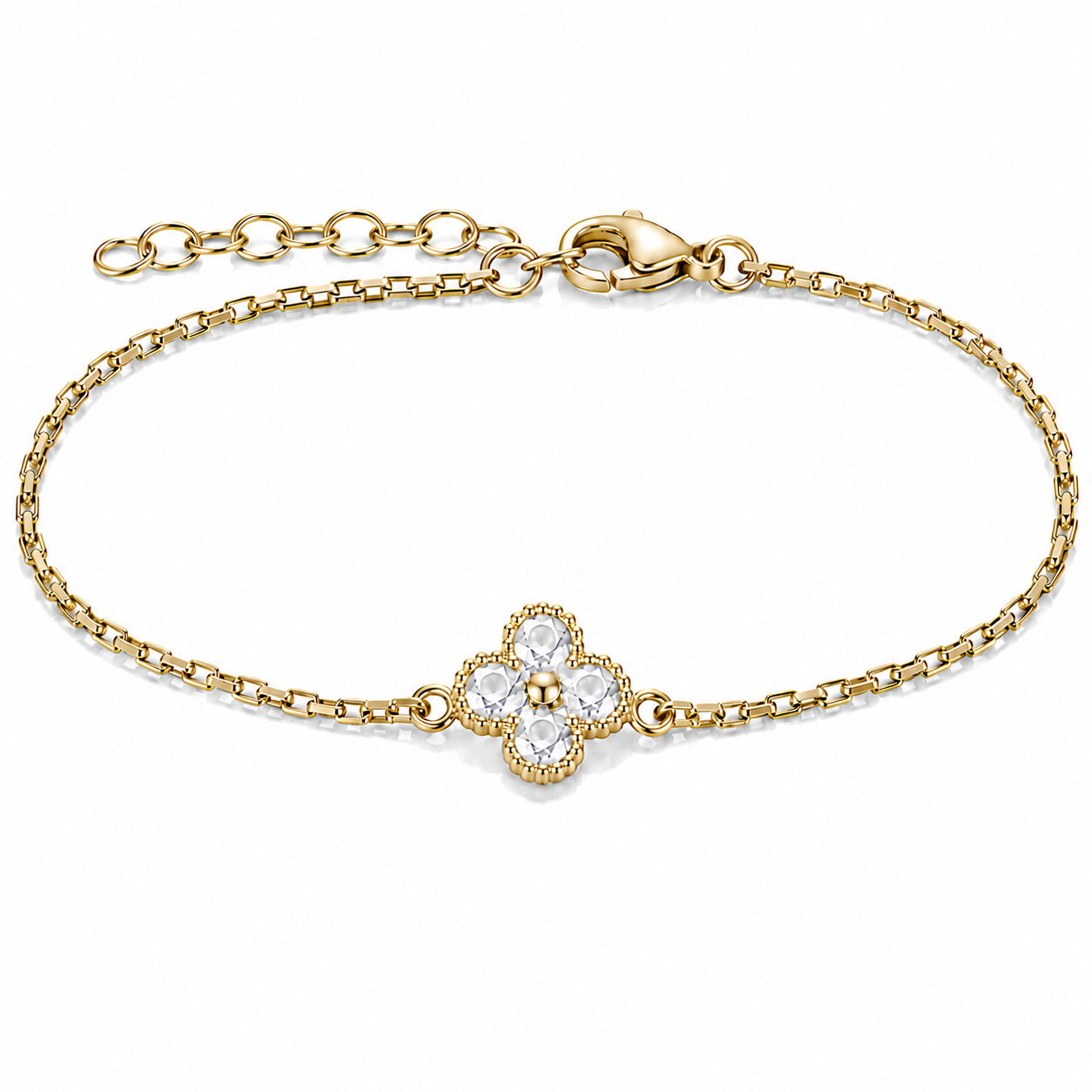 Gold-tone bracelet featuring a white four-petal flower charm with faceted stones, a delicate link chain, and an adjustable clasp on a white background.