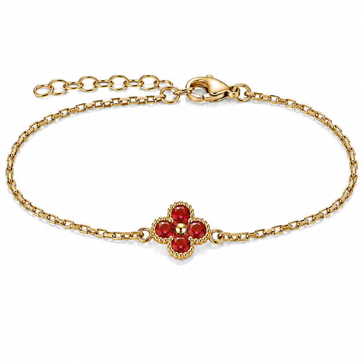 Gold-tone bracelet featuring a red four-petal flower charm with faceted stones, a delicate link chain, and an adjustable clasp on a white background.