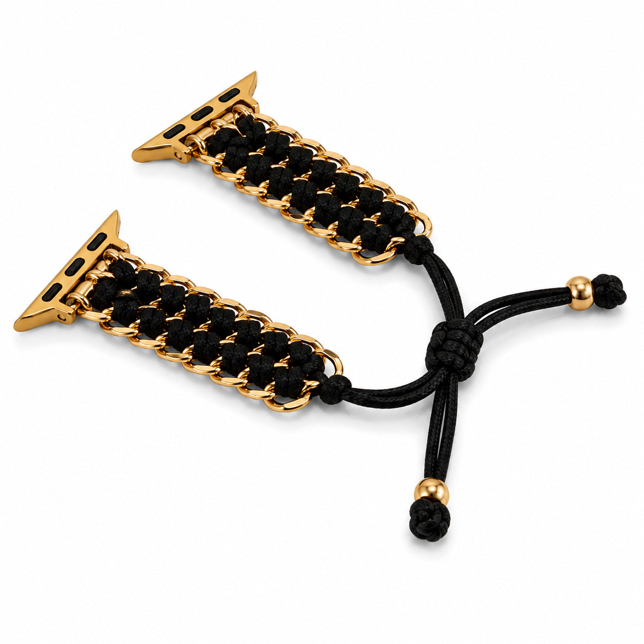 Gold-tone watch belt featuring black braided cord links, adjustable drawstring closure, and gold bead accents on a white background.
