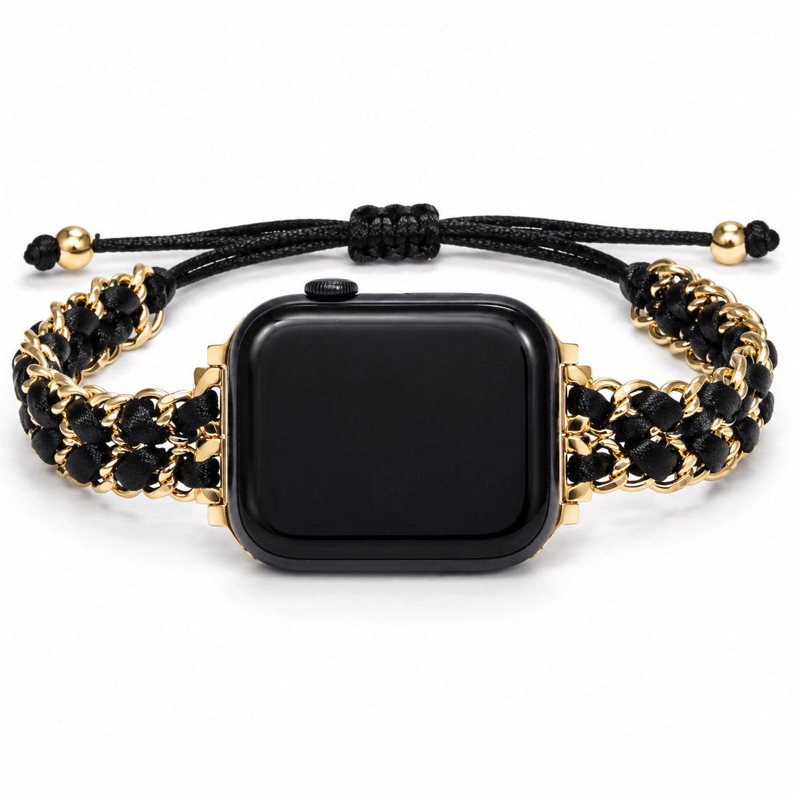 Close-up view of a black smartwatch with a black braided cord and gold-accented woven strap on a white background.