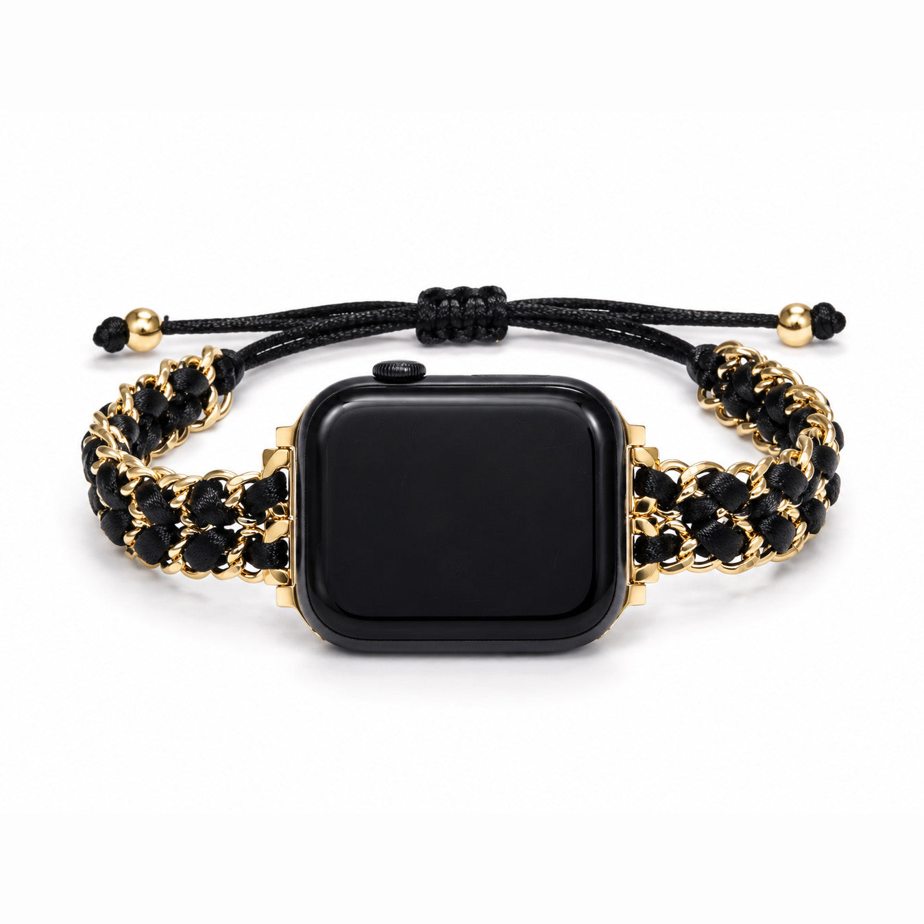 Close-up view of a black smartwatch with a black braided cord and gold-accented woven strap on a white background.