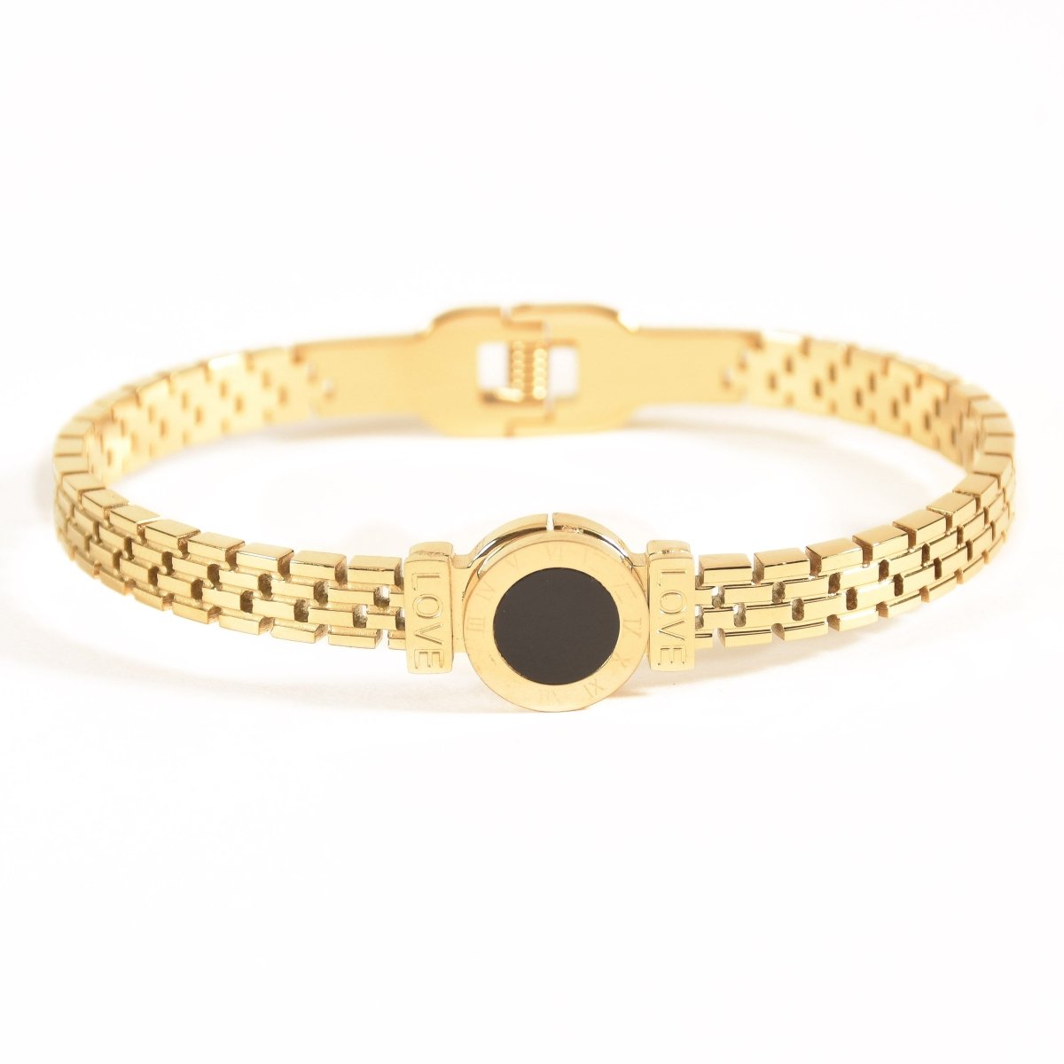Elegant Roman-style bangle with black detailing and an anti-tarnish finish, available in golden and rosegold, perfect for everyday luxury and chic versatile styling.
