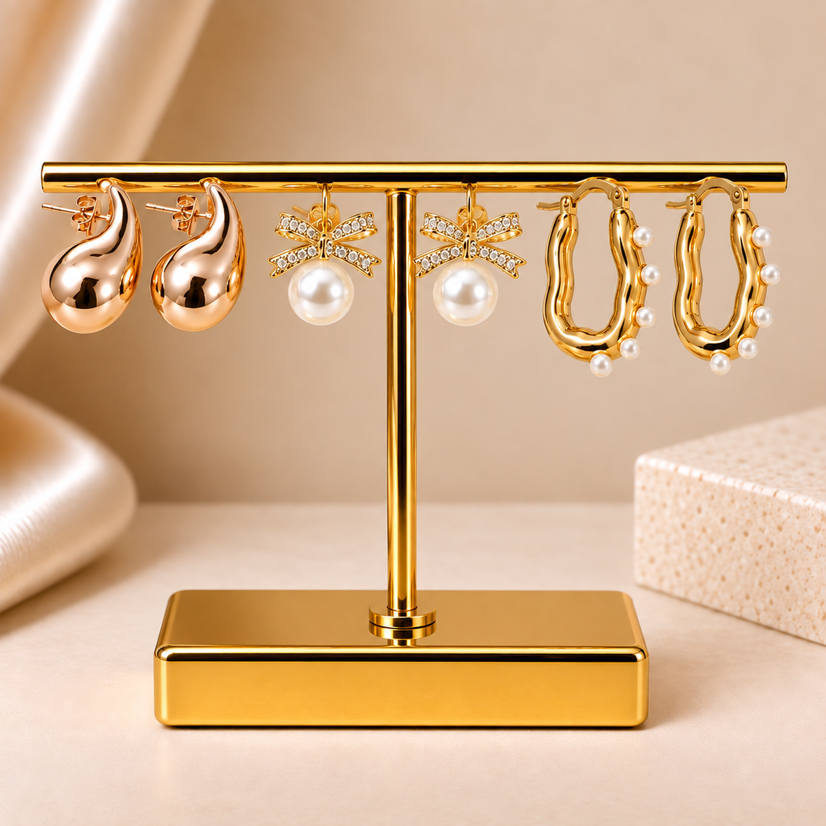 Gold-tone earring display stand featuring three pairs of earrings, including pearl drop earrings, sculptural drop earrings, and gold hoop earrings with pearl accents.