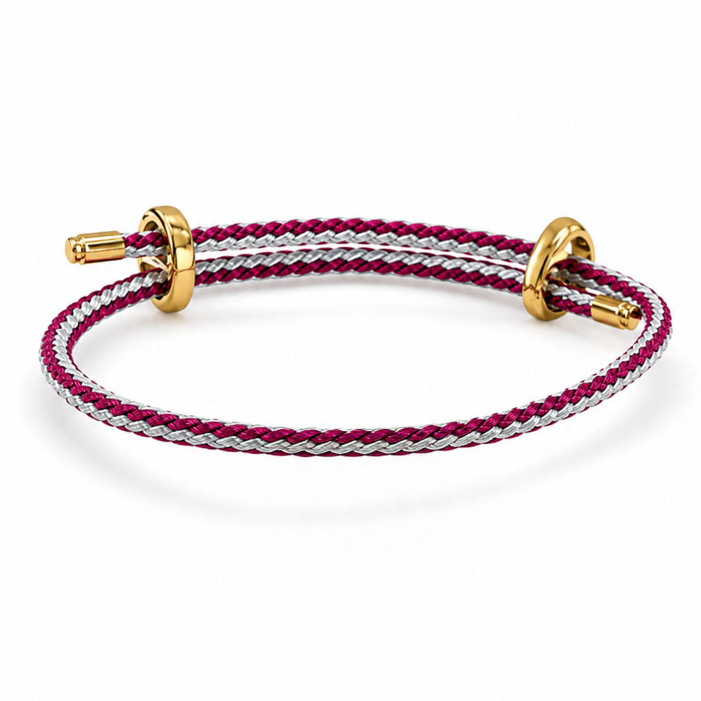 Braided Lavender & Purple tone cord bracelet with gold-tone sliding rings and end caps on a white background.