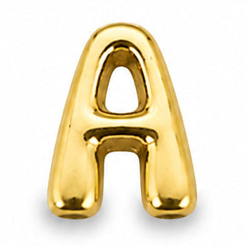 A single polished gold-tone letter **“A” charm** centered on a clean white background. The charm has a rounded, smooth, glossy finish with a slightly dimensional, raised design and soft metallic reflections. It features a bold uppercase “A” with a rounded triangular inner opening and a curved crossbar, giving it a modern, minimal look. A subtle soft shadow falls beneath the charm, emphasizing its raised form.