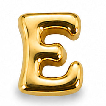 A small, glossy gold-tone letter “E” charm centered on a clean white background. The charm features a rounded uppercase “E” with smooth, softly curved edges and a slightly chunky three-dimensional construction. Its polished metallic surface creates warm golden highlights and subtle reflections, while the open spaces between the horizontal bars give the letter a clean, outlined appearance.