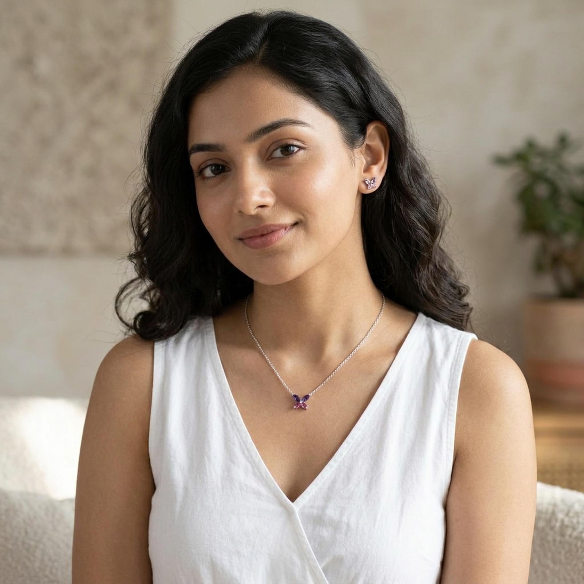 Butterfly Aurora 925 Sterling Silver Necklace Set featuring a delicate butterfly pendant with purple and pink gemstone-inspired crystals, paired with matching butterfly stud earrings