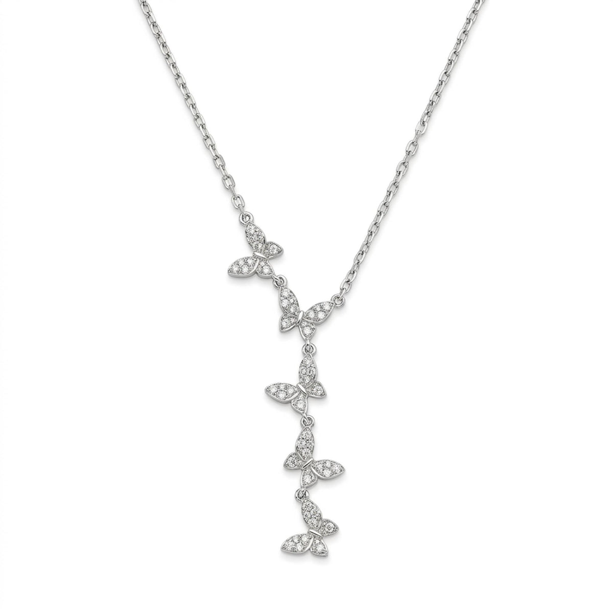 Silver-toned Y-necklace featuring a delicate cascading design of butterfly-shaped charms embellished with sparkling crystals. Displayed against a clean pure white background with bright, soft studio lighting and subtle natural shadows for a premium e-commerce jewellery photography aesthetic.