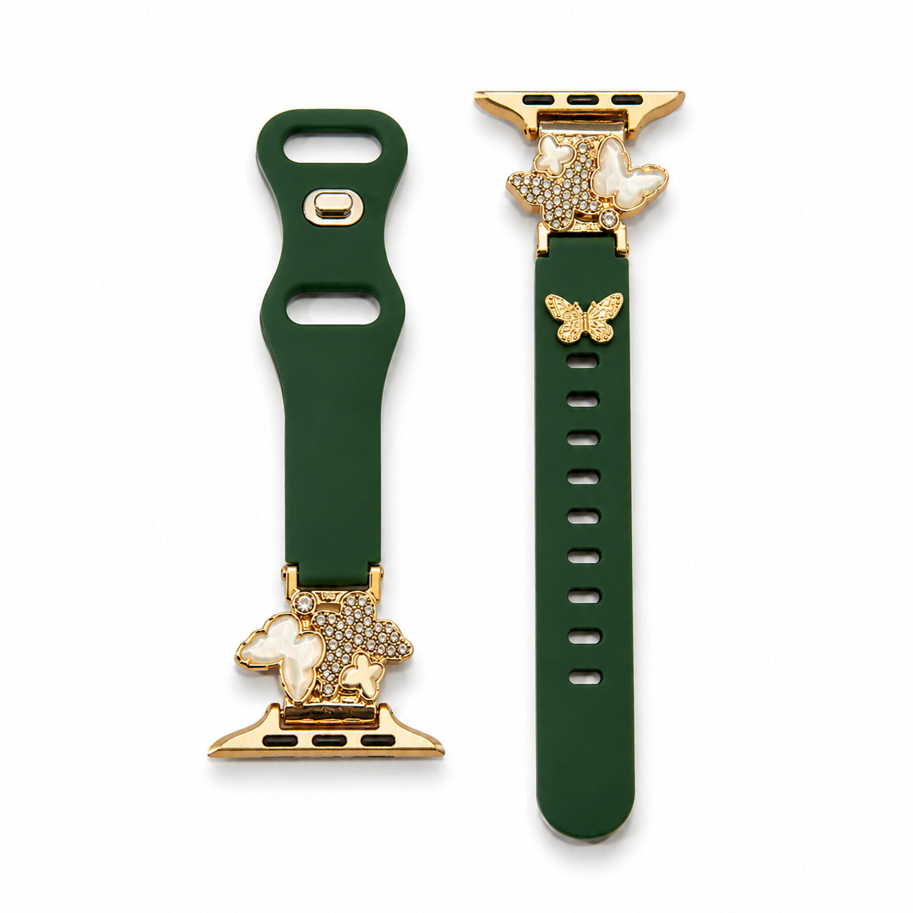 Dark green watch strap with gold-tone connectors, featuring sparkling crystal butterfly and floral details, displayed on a white background.