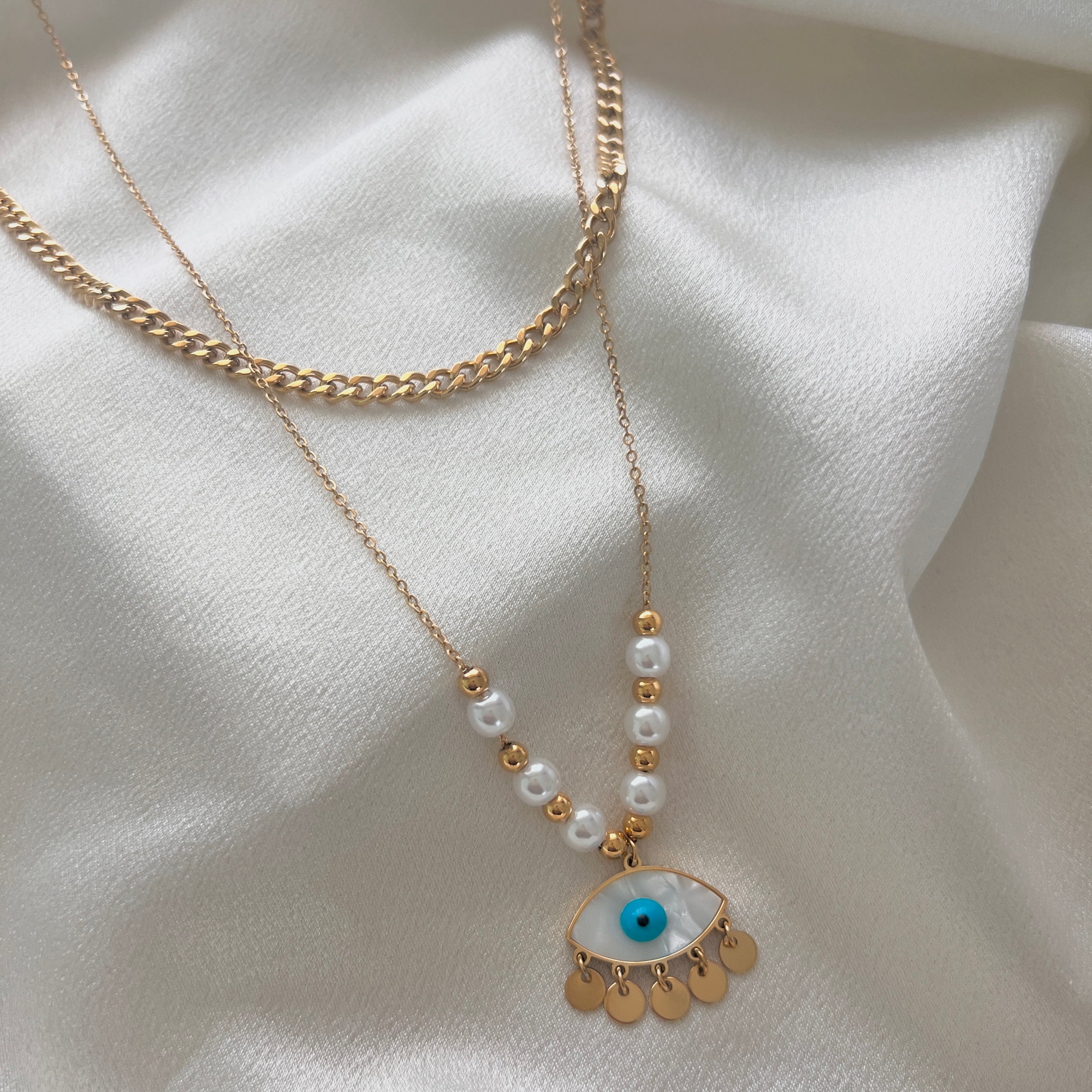 Dainty Pearl Evil Eye Layered Necklace