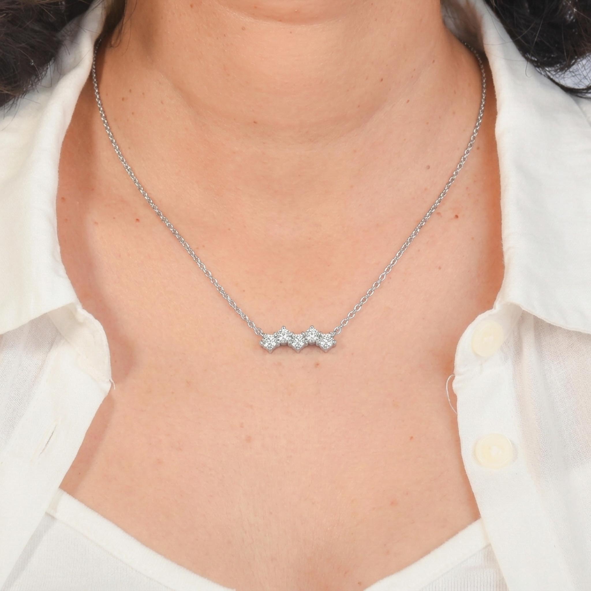 Triple Floral Crystal Station Necklace in Silver Tone with Clear Stone Accents, Worn on a Model