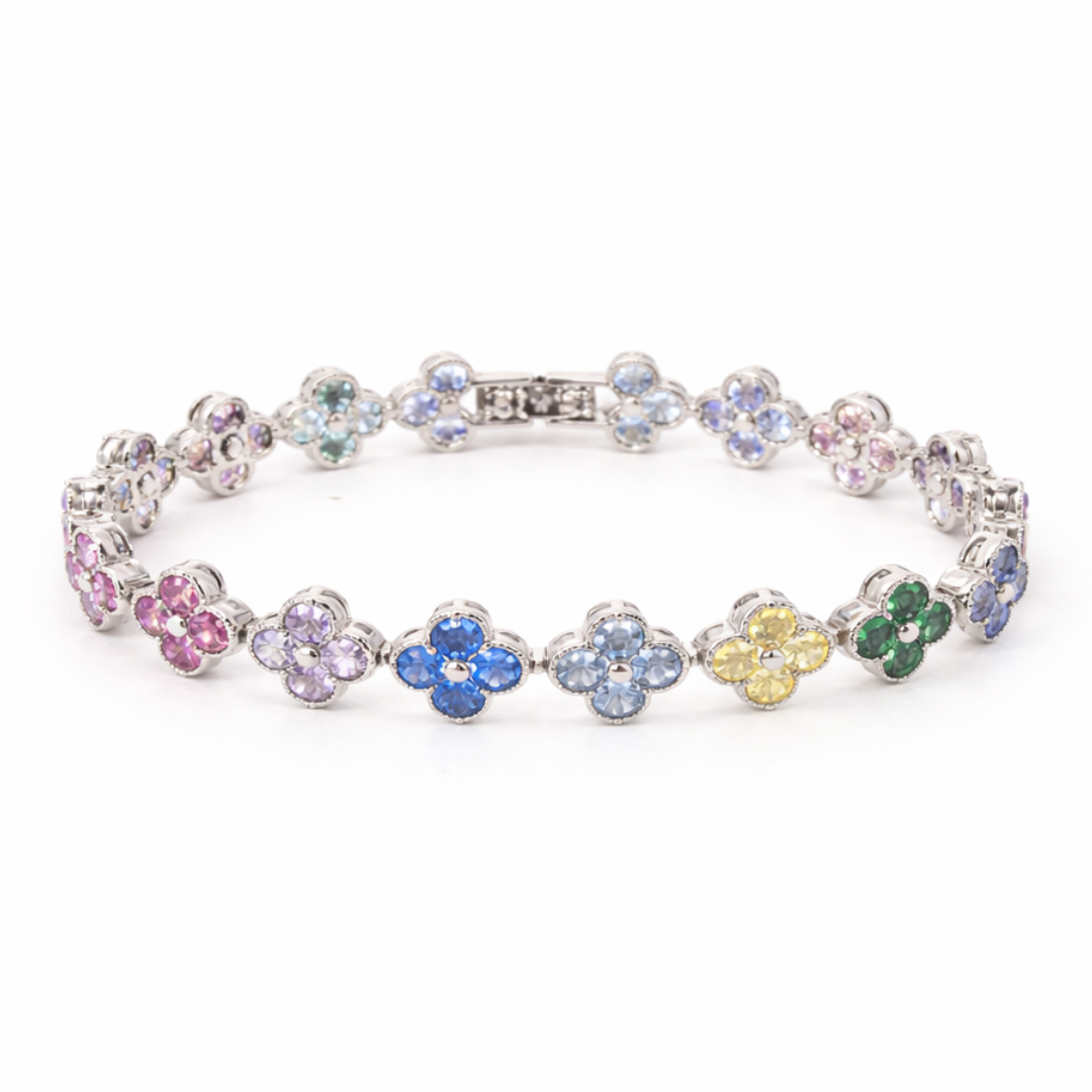 Women’s multi-color clover tennis bracelet with vibrant stones in gold-tone finish