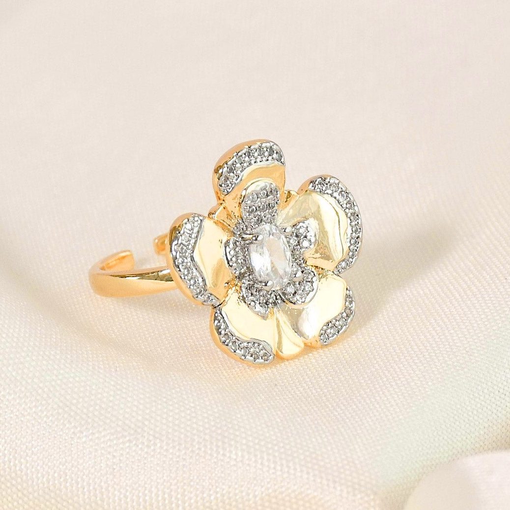 Luxurious golden floral statement ring with sparkling pavé details and an anti-tarnish finish. perfect for special occasions, elegant styling, and memorable gifting.
