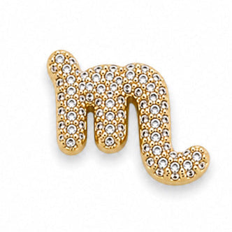 Gold-tone Scorpio zodiac charm featuring the distinctive Scorpio symbol, intricately embellished with multiple small white rhinestones. The charm has a polished metallic finish, curved detailing, and a delicate raised design, giving it a sparkling and elegant appearance. Isolated on a clean white background.