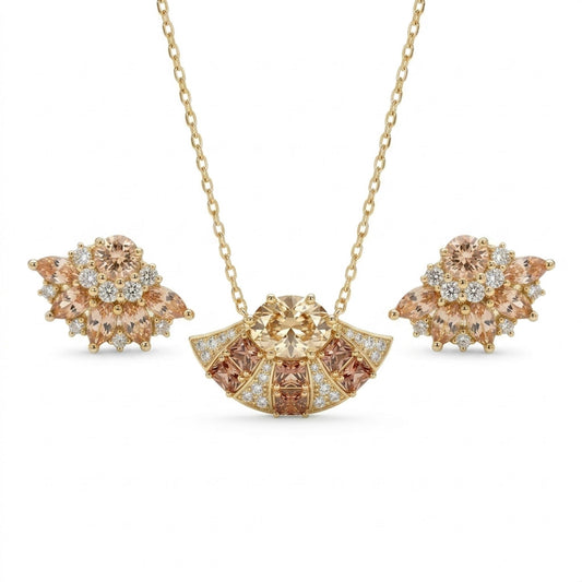 Floral jewelry set featuring a crystal pendant necklace and matching stud earrings with champagne-toned stones, displayed on a white background.