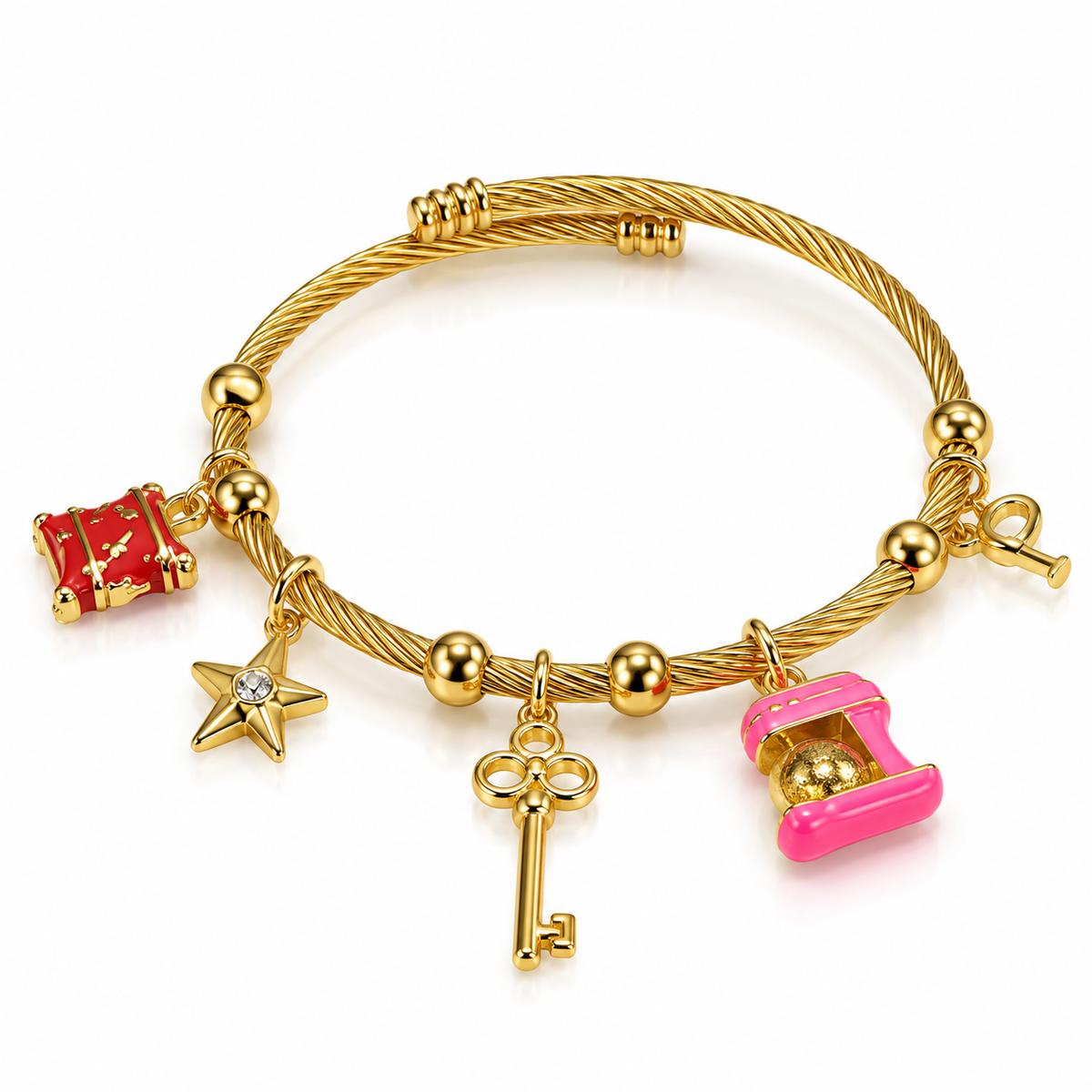 Gold-toned twisted wire charm bracelet featuring a red suitcase, star charm, pink padlock, and gold key charm on a white background.