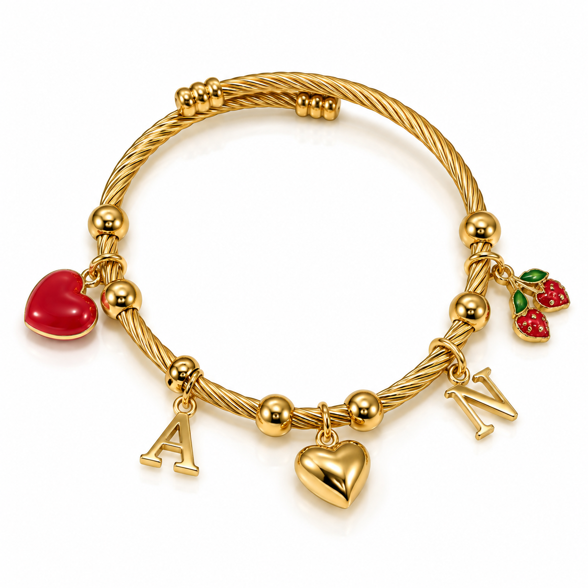 Gold-toned twisted wire charm bracelet featuring a red heart, red strawberry charms with green leaves, and gold initial letter charms “A” and “N” on a white background.