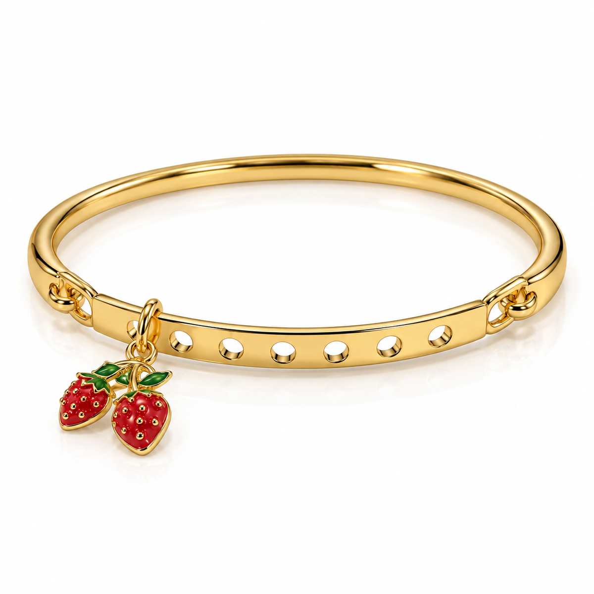Gold-tone stainless steel bangle with a perforated rectangular centerpiece and dangling red strawberry charms.