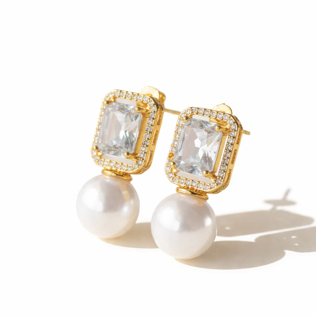 Rectangular Diamond Pearl Earrings