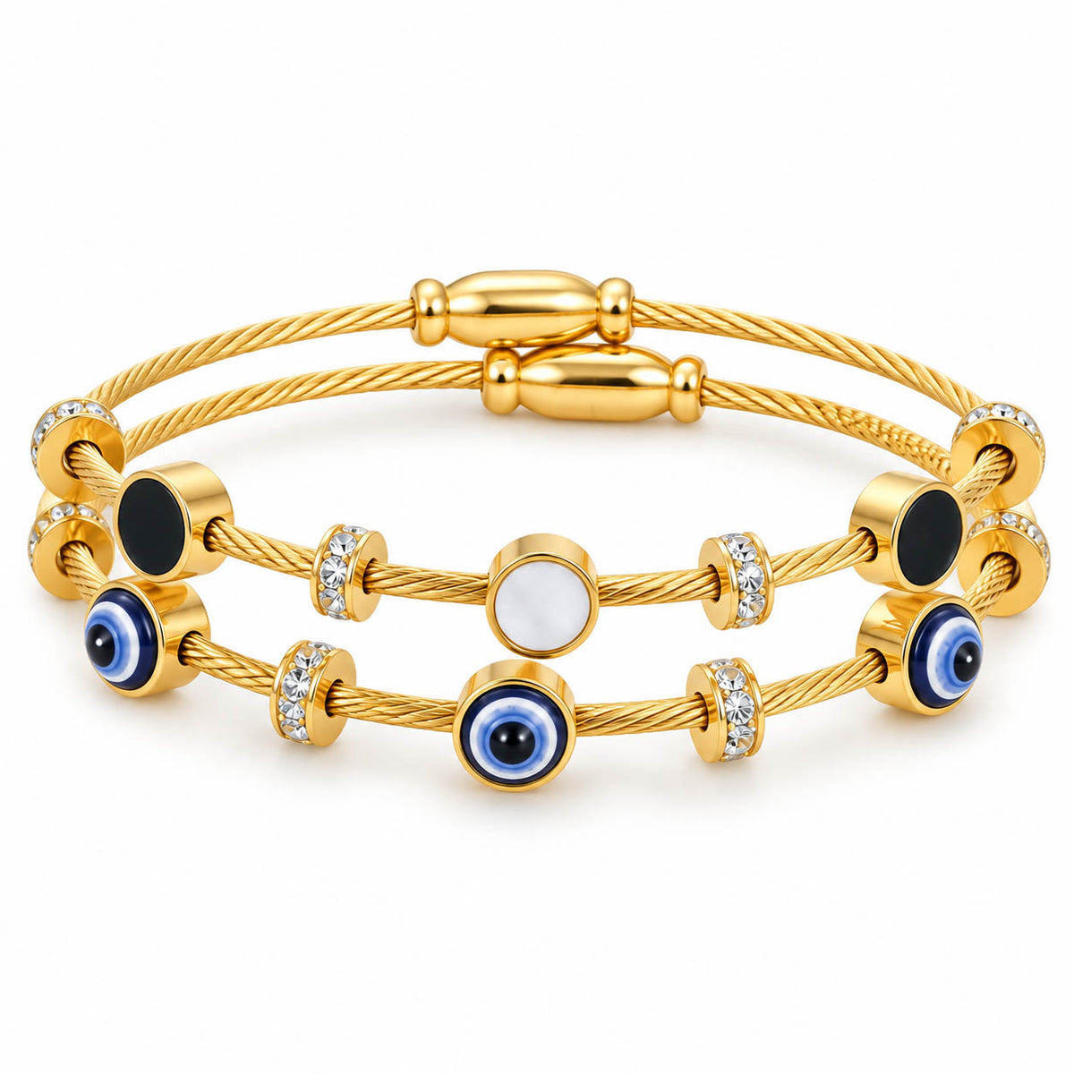 Double-layer gold cable bracelet featuring blue Evil Eye charms, a white enamel center charm, crystal accent beads, and an adjustable sliding clasp with a polished anti-tarnish finish, making it perfect for everyday wear and effortless stack styling.