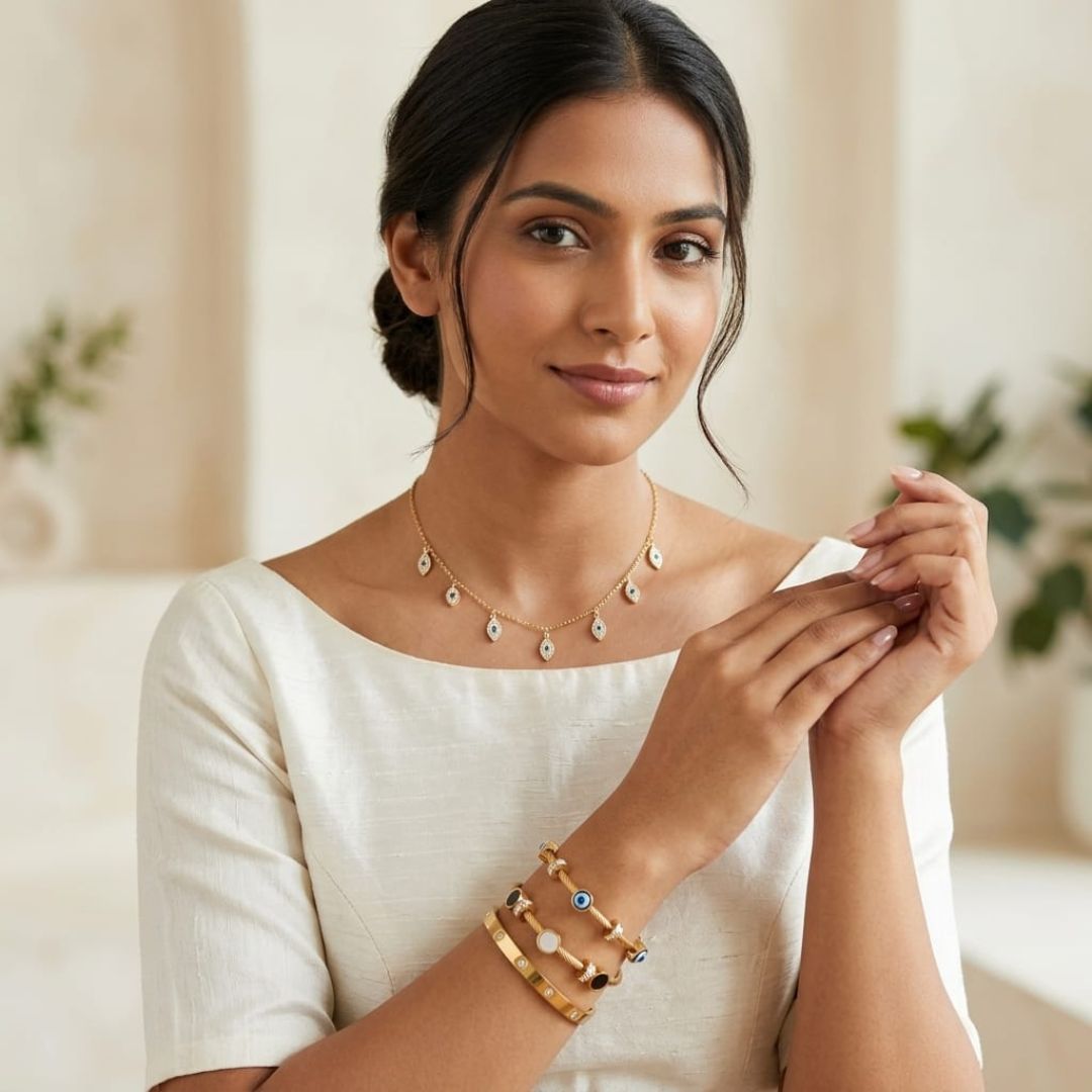 Classic Collection Gift Box featuring gold-tone evil eye bangles, stackable studded bangles, and a delicate mini evil eye choker for timeless everyday elegance.