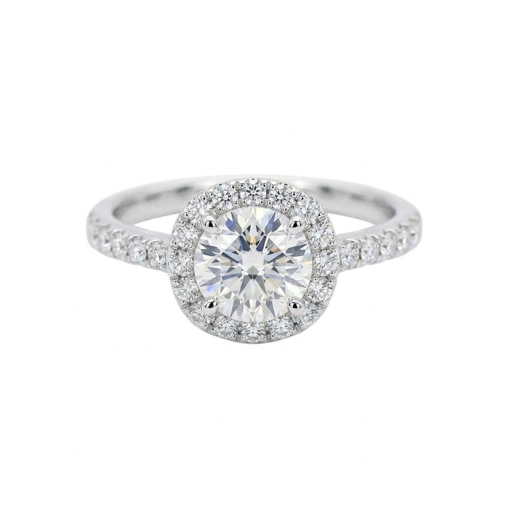 Classic Diamond 925 Sterling Silver Ring with a round brilliant-cut center diamond, halo setting, and pave diamond band in polished sterling silver