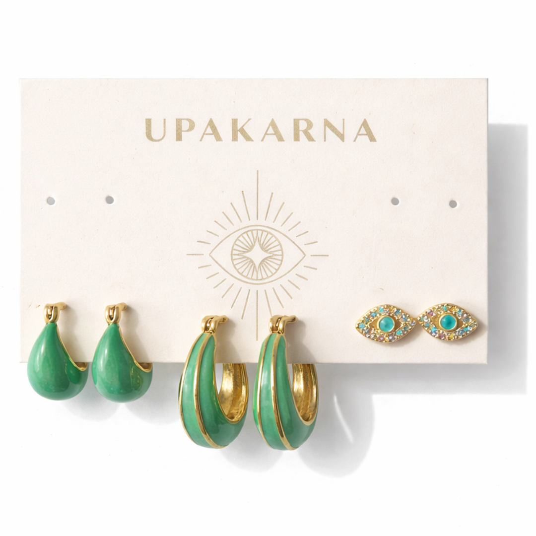 gold classic emerald earring stack with pastel enamel hoops, multicolor evil eye stud and dreamy pastel earrings for women trendy stackable jewellery