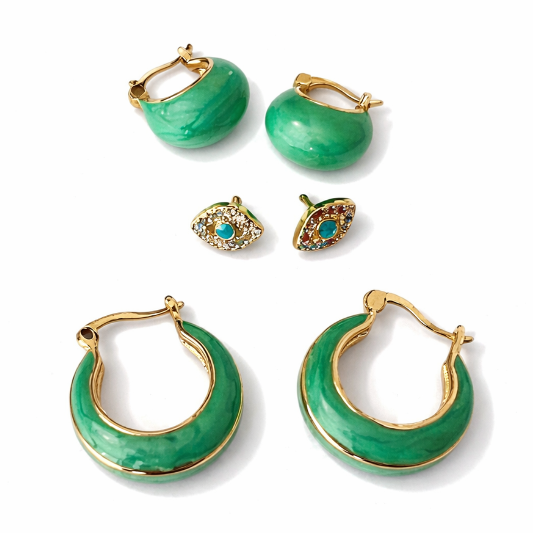gold classic emerald earring stack with pastel enamel hoops, multicolor evil eye stud and dreamy pastel earrings for women trendy stackable jewellery