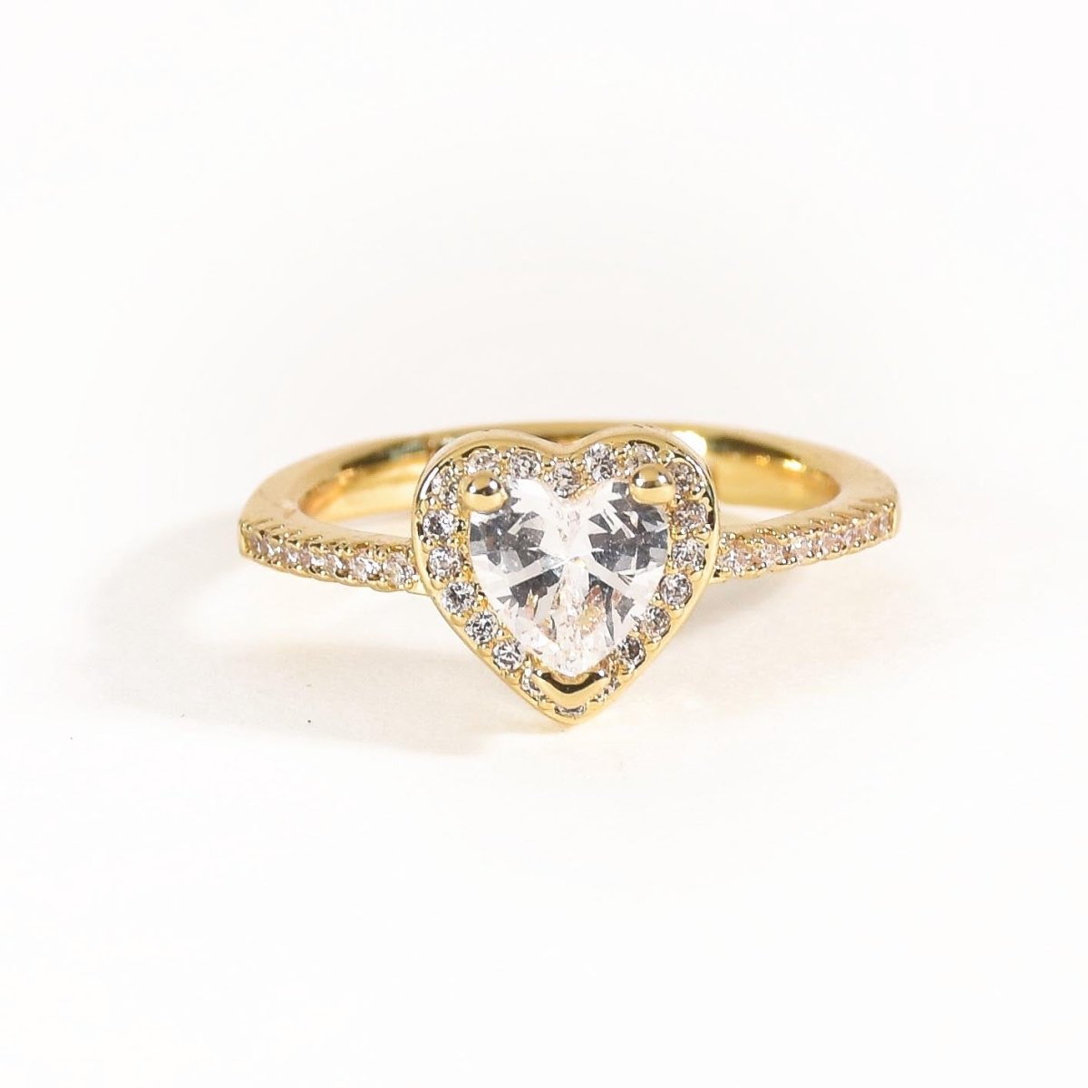 Elegant golden heart diamond ring with sparkling halo detailing and an adjustable anti-tarnish finish, perfect for timeless elegance, romantic styling, and sophisticated everyday wear.
